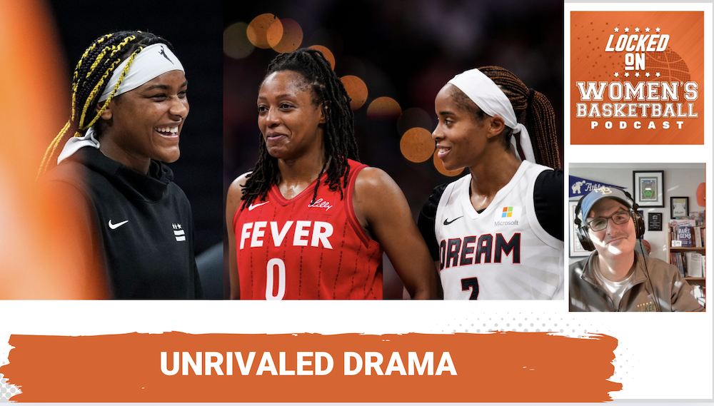 A graphic showing Aaliyah Edwards, Kelsey Mitchell and Jordin Canada side-by-side in their respective WNBA jerseys. The text "Unrivaled drama" is overlaid at the bottom in all caps, and the orange Locked On Women's Basketball logo is in the top right corner.